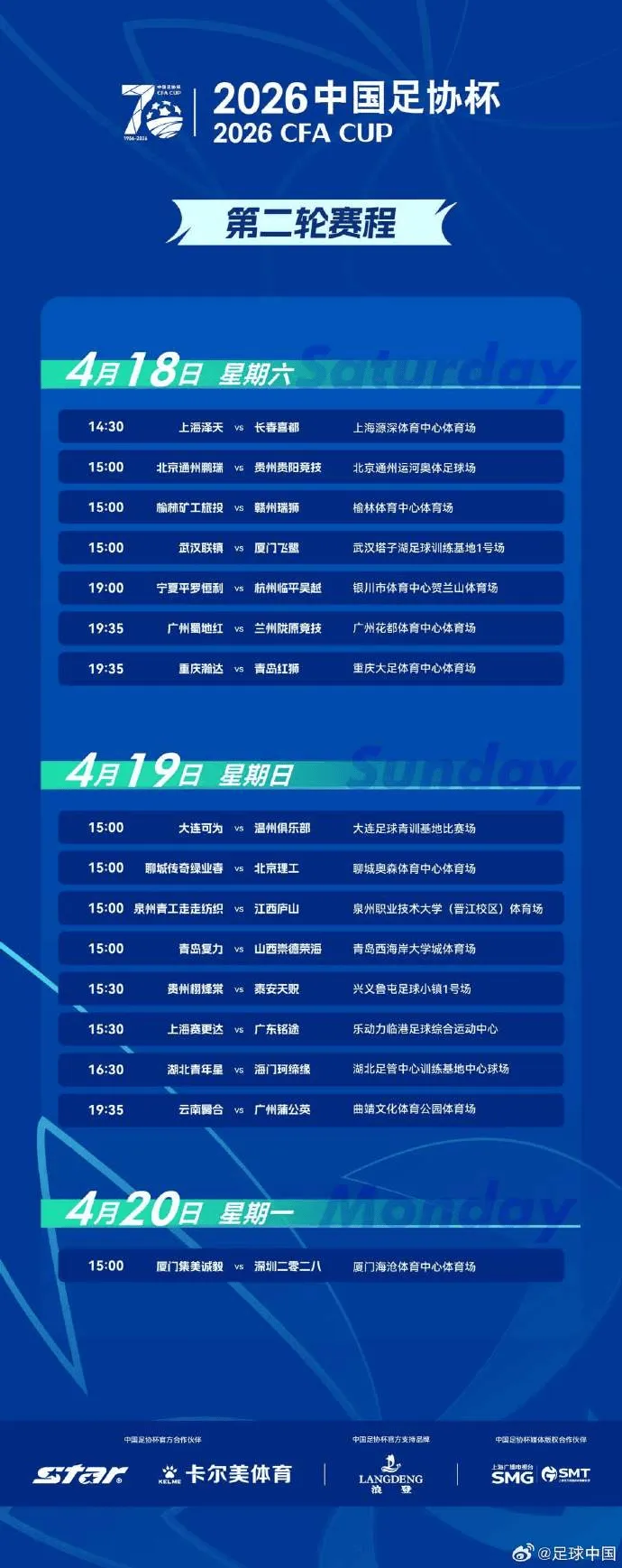 开云平台-足协杯第二轮赛程：4月18-20日进行，众中乙球队出战本轮